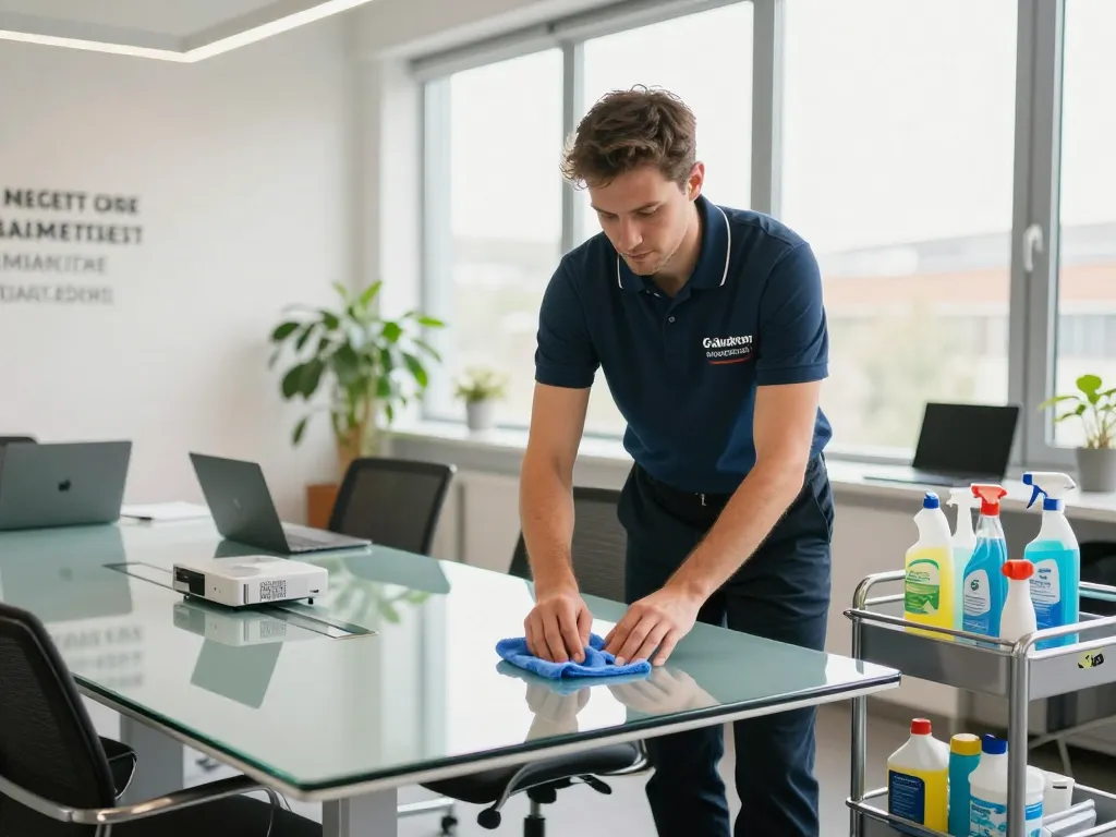 Professioneller Gebäudereiniger aus Münster reinigt ein modernes Büro mit umweltfreundlichen Reinigungsmitteln.