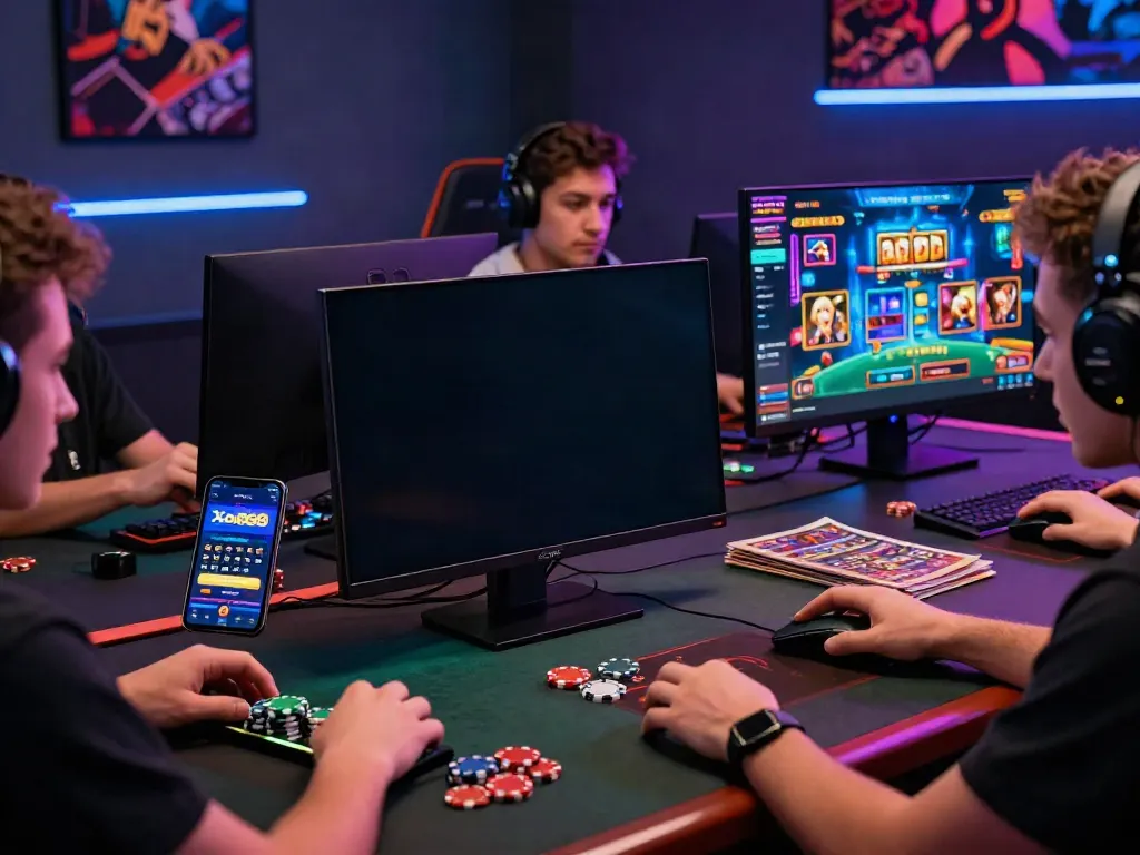 Engaged players enjoying the Xo888 gaming experience on desktop and mobile, highlighting excitement in a vibrant casino atmosphere.