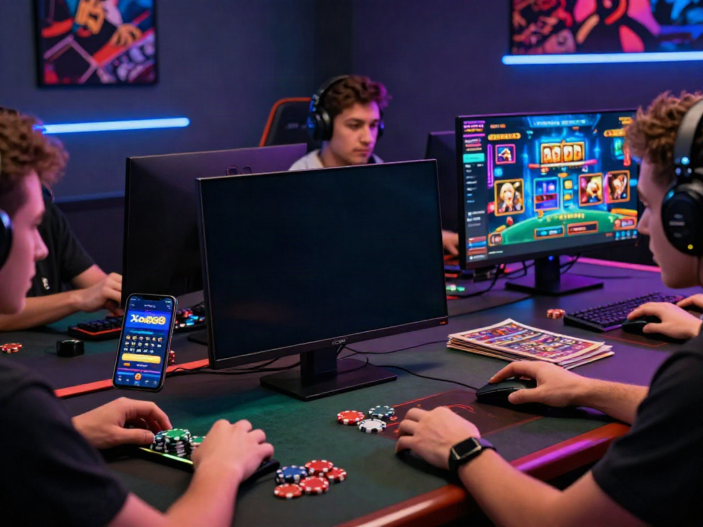 Engaged players enjoying the Xo888 gaming experience on desktop and mobile, highlighting excitement in a vibrant casino atmosphere.