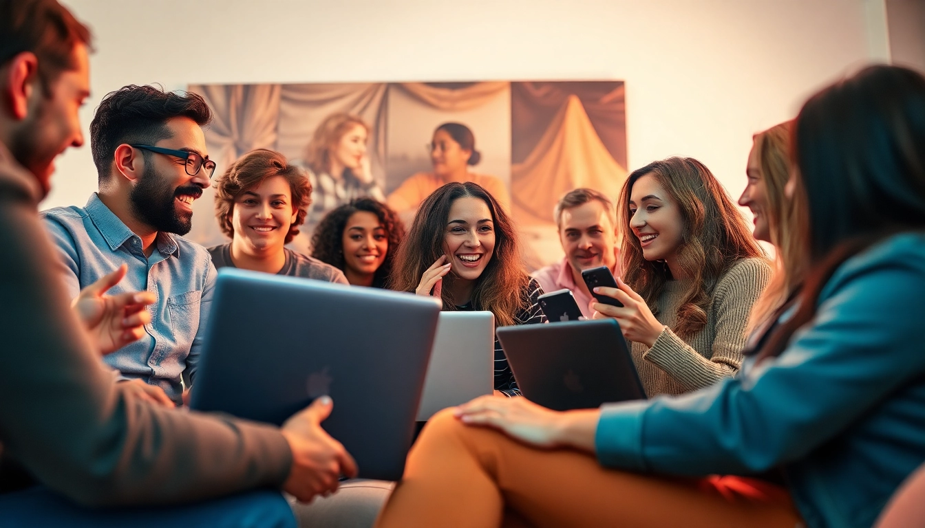 Engaging scene of diverse individuals in a friendly online sex chat setting.