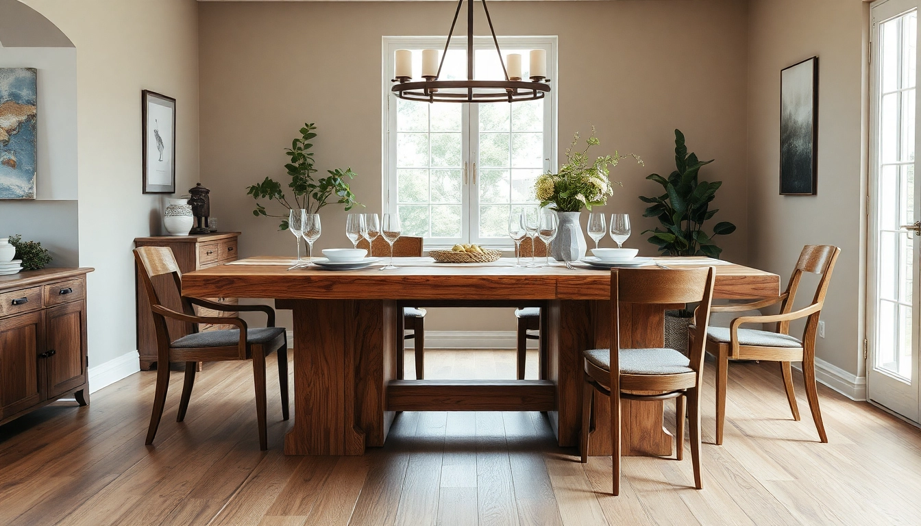 Eleganter massiver Eiche Esstisch mit Baumkante in einem modernen Esszimmer, warm beleuchtet und liebevoll gedeckt.