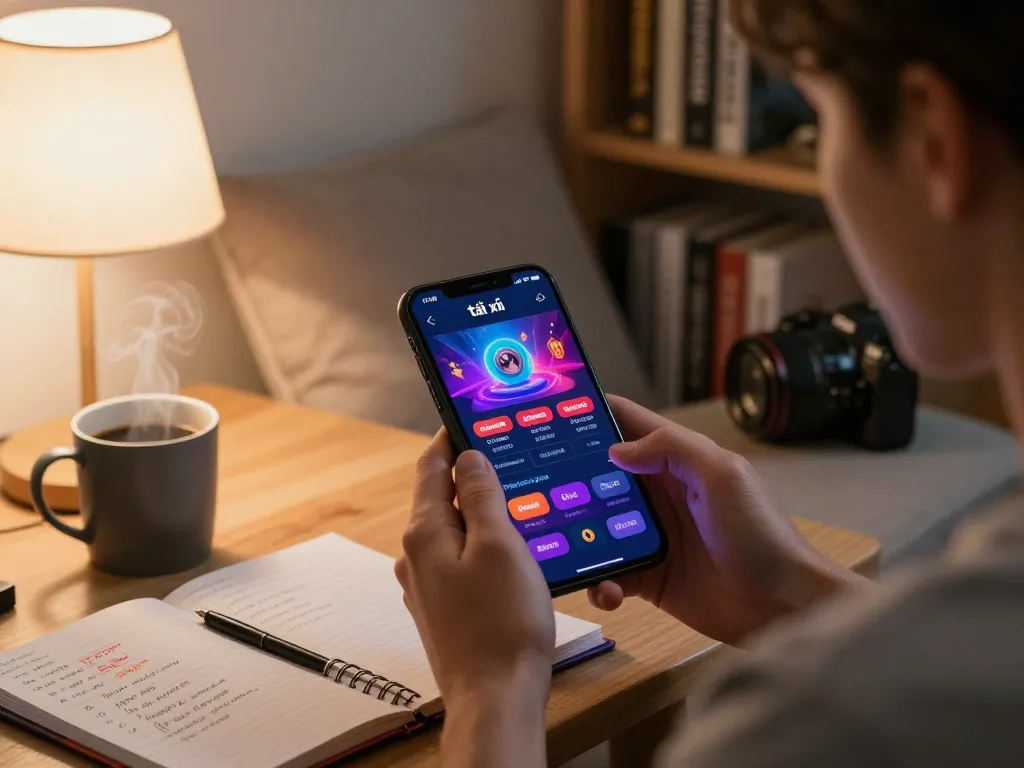 Engaging with app tài xỉu online uy tín on a smartphone in a cozy home setting, emphasizing responsible gaming.