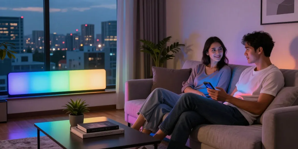 Illuminated living room with smarte LED Panels, a couple adjusting ambiance through a smartphone app.