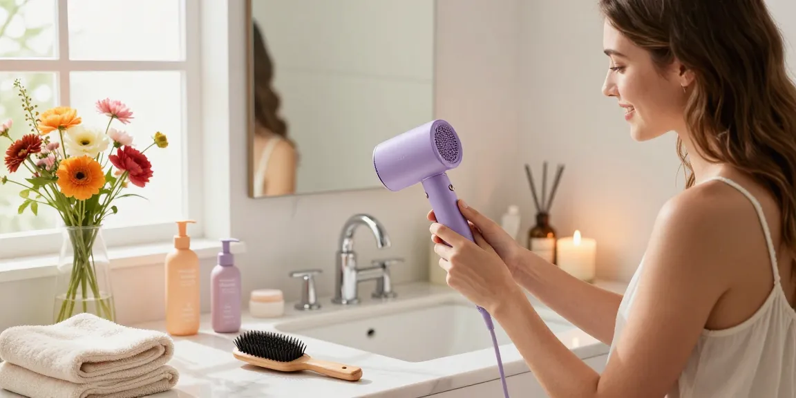Youthful woman using a mini hair dryer in a stylish bathroom, surrounded by beauty essentials.