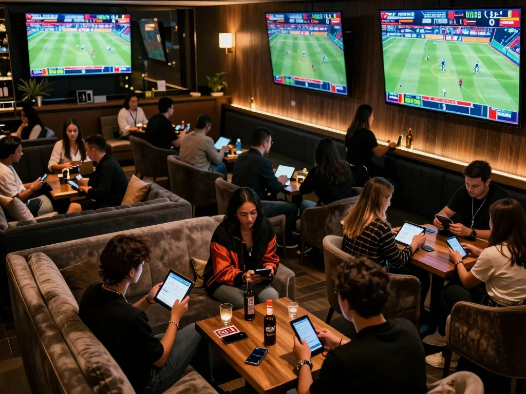 Excited bettors engaging with GO88 sports betting screens and app in a luxurious lounge setting