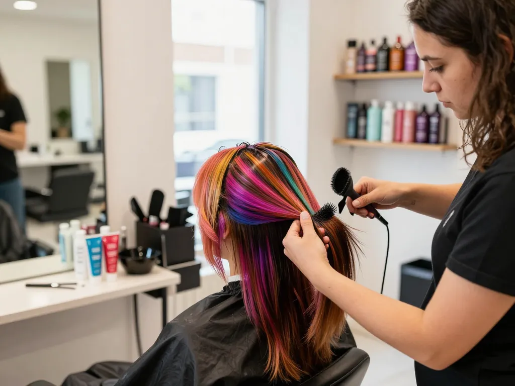Aplicação vibrante de coloração capilar em um salão de beleza moderno