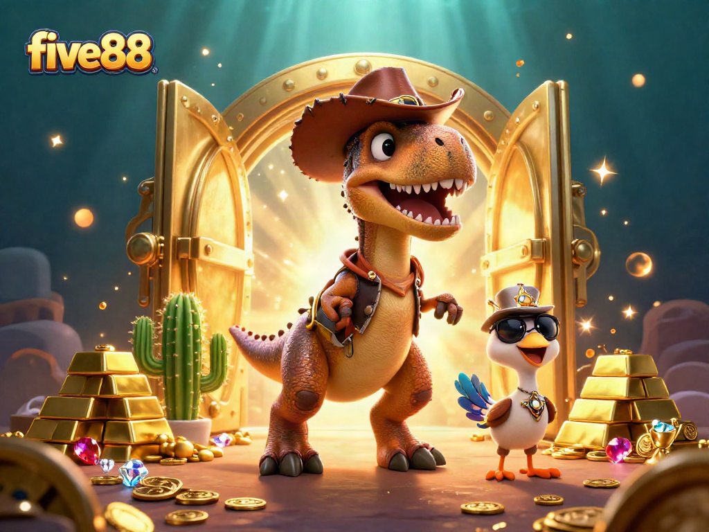 Experience thrilling excitement with five88 as a cowboy dinosaur and friends surround dynamic casino treasures.
