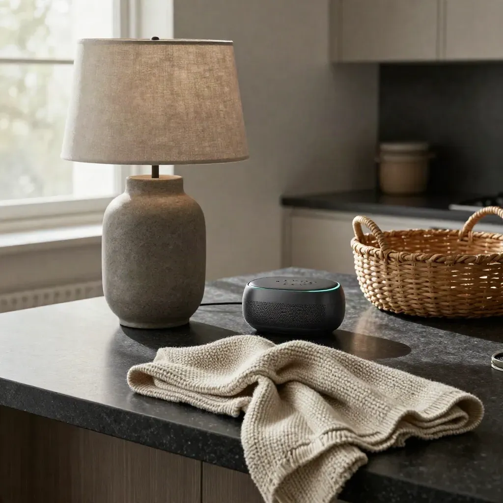 Wohn-Deal-Set mit Lampe, Decke, Lautsprecher und Korb auf dunkler Steininsel.