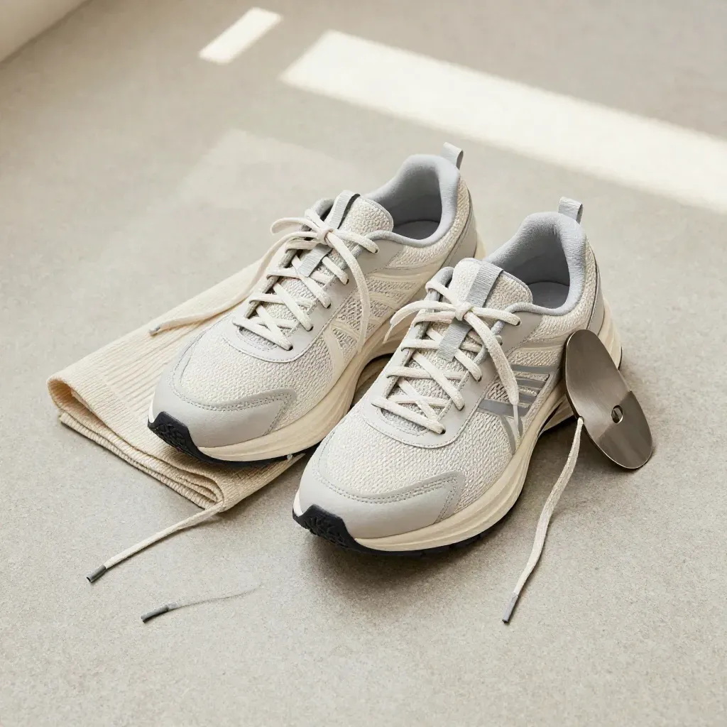 Schräg arrangierte weiße Damen-Sneaker mit Strickstoff, Ersatzschnürsenkeln und Schuhleiste auf Beton.