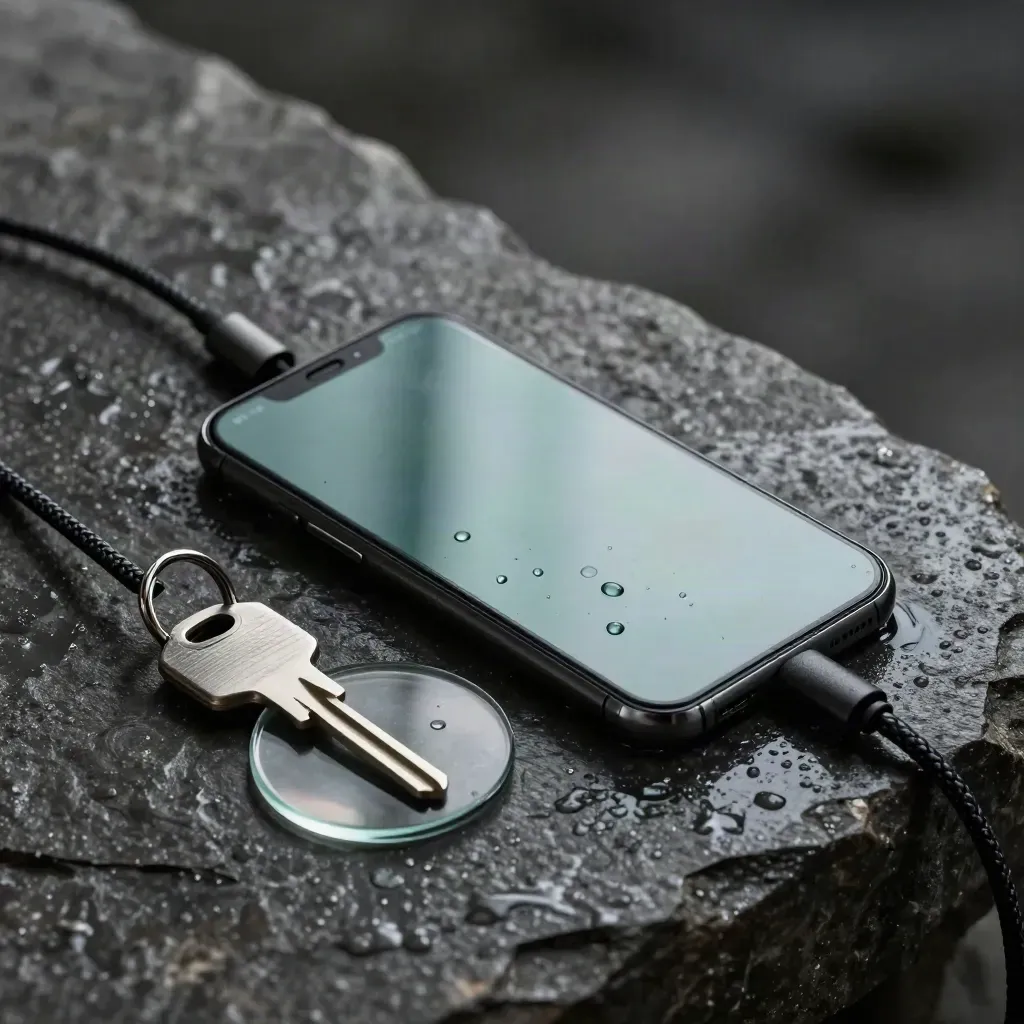 Graphitfarbenes Smartphone auf nassem Stein mit Kabel, Schlüssel und Glasscheibe