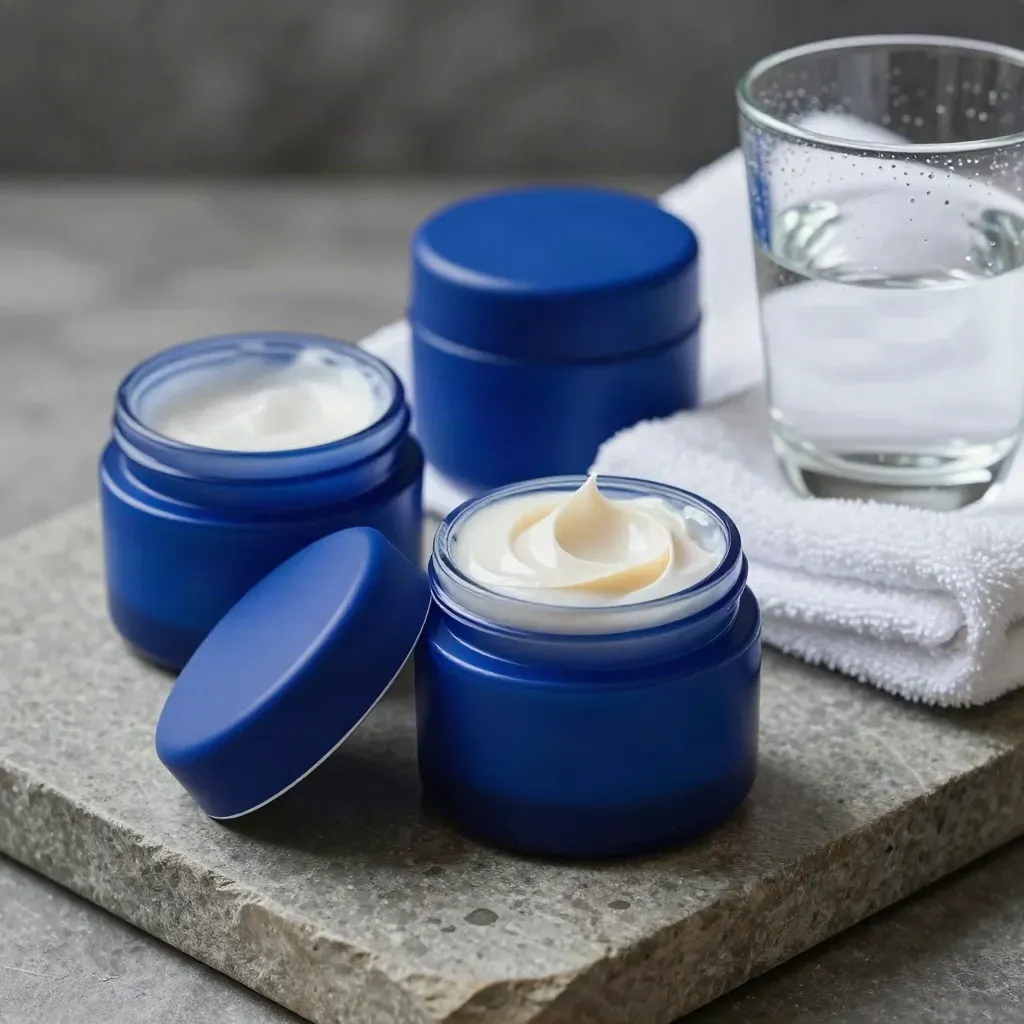 Drei blaue Cremetiegel mit offener Pflegecreme auf Steinplatte, daneben Handtuch und Wasserglas.