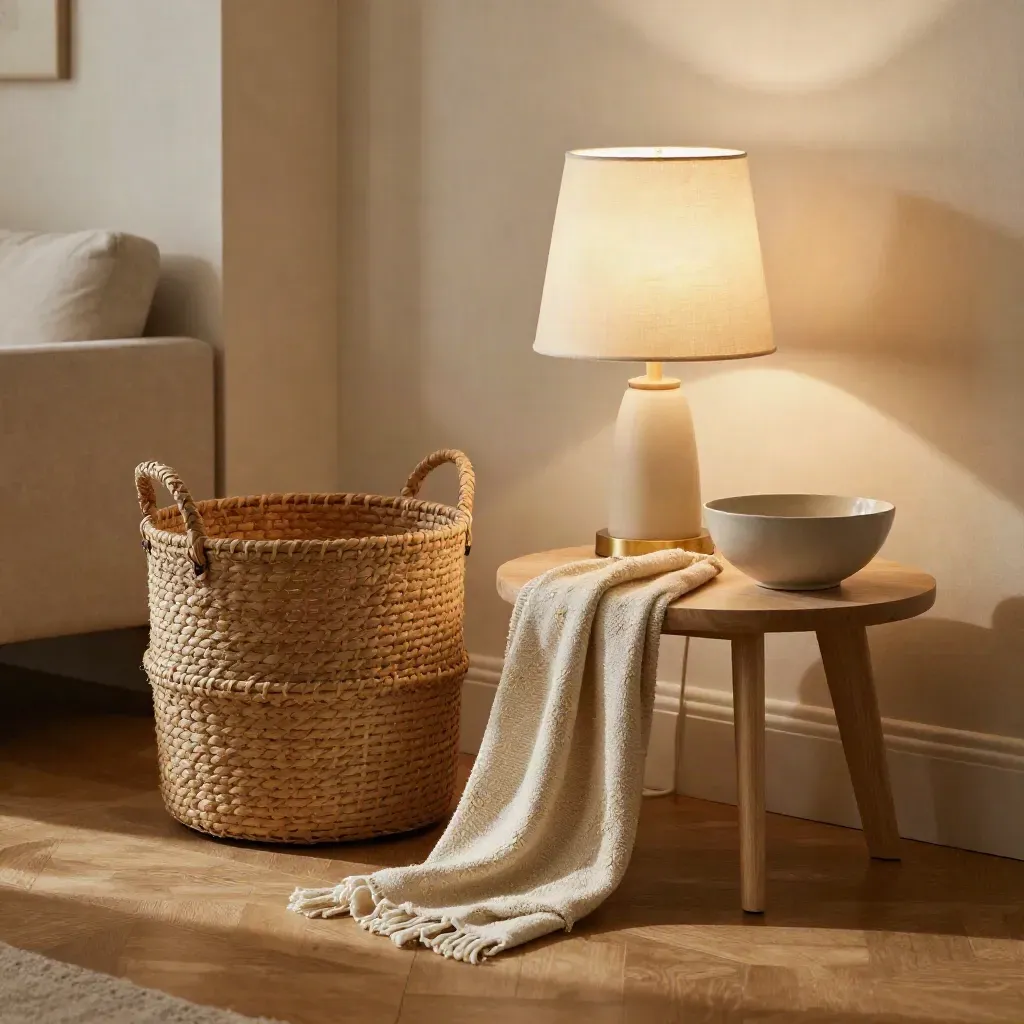 Wohn-Deals mit Lampe, Korb, Schale und Beistelltisch im warmen Wohnambiente
