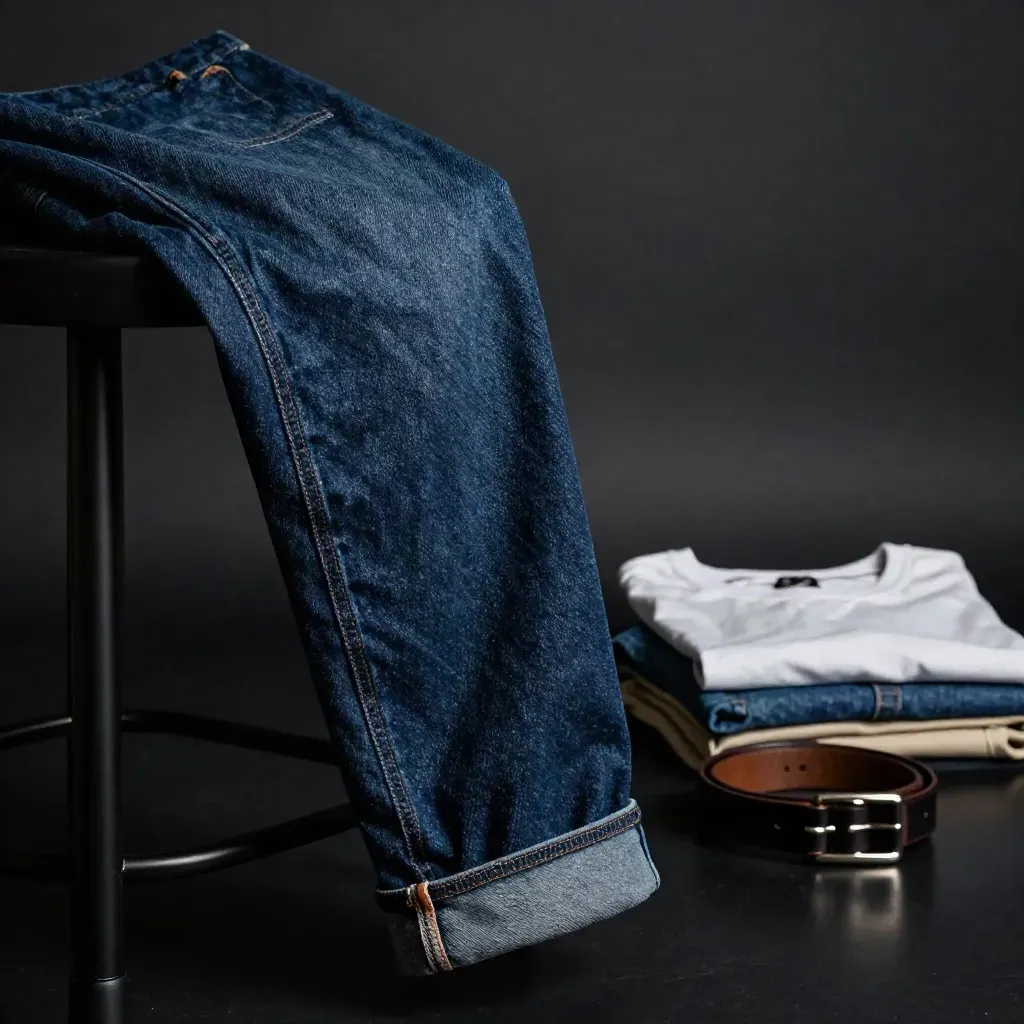 Indigoblau gefaltete Jeans mit Gürtel, T‑Shirt und Denim-Stoff auf dunklem Studiohocker