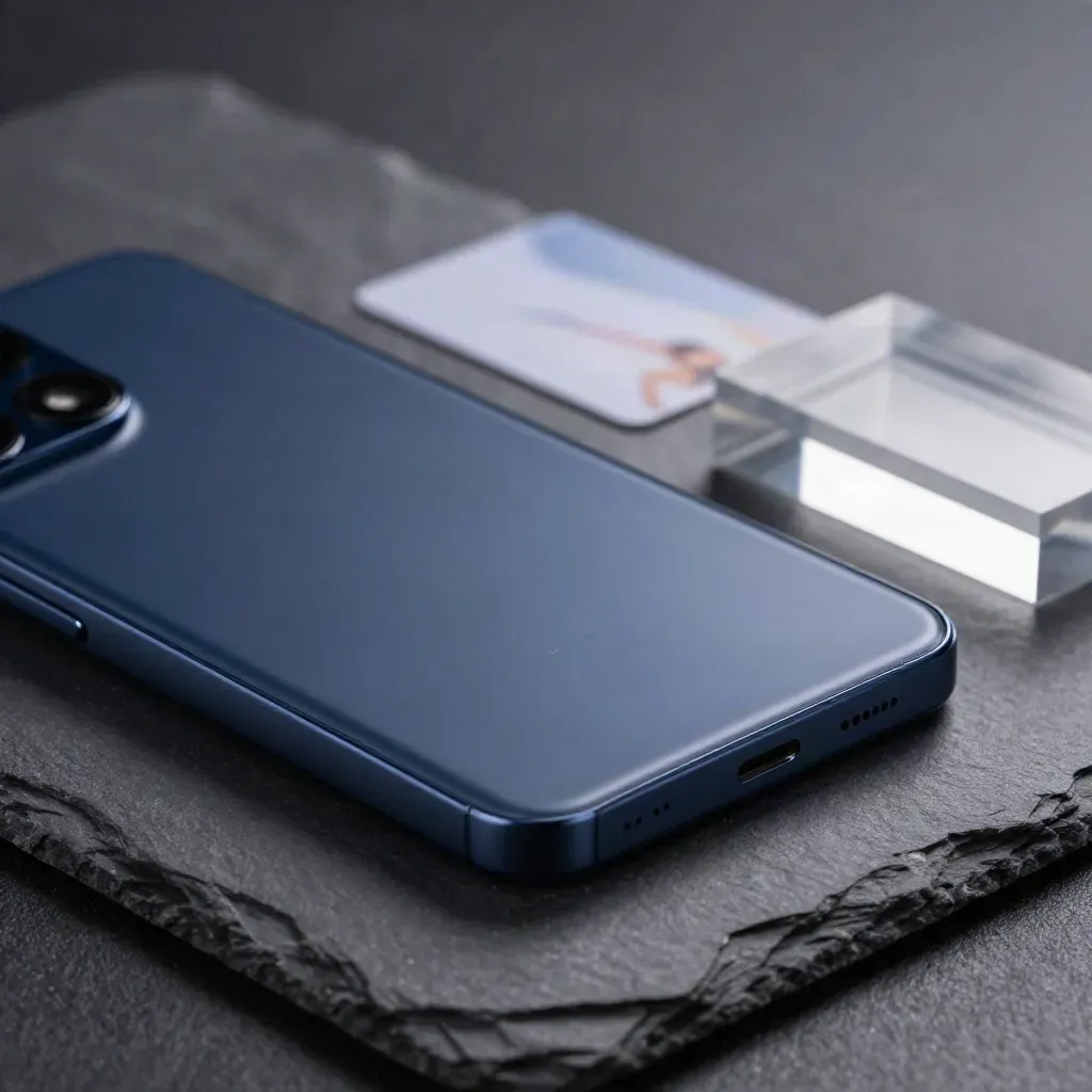 Mattschwarzes Smartphone auf Schiefer mit Ladepuck und transparentem Acrylblock.