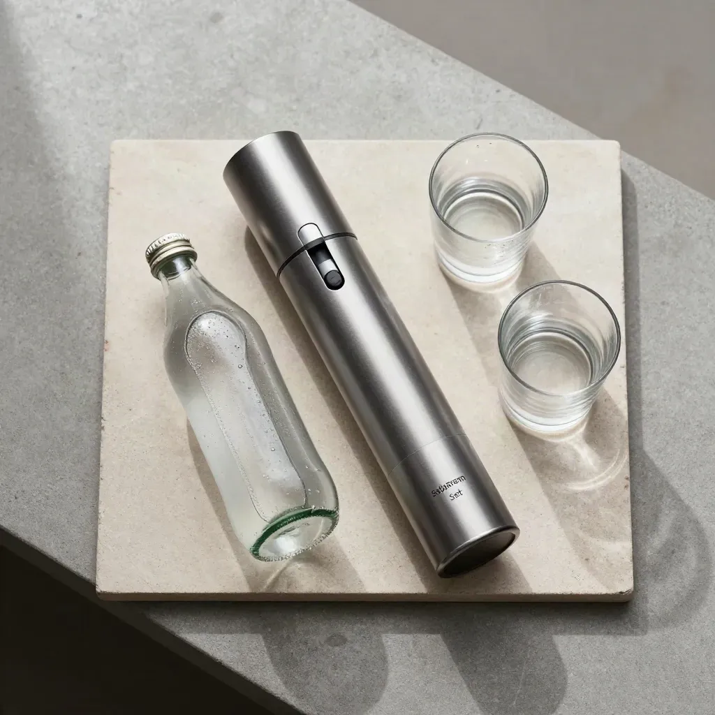 Von oben: SodaStream-Set mit Flasche, Zylinder und zwei Gläsern auf Stein, feine Bläschen und Kondenswasser.