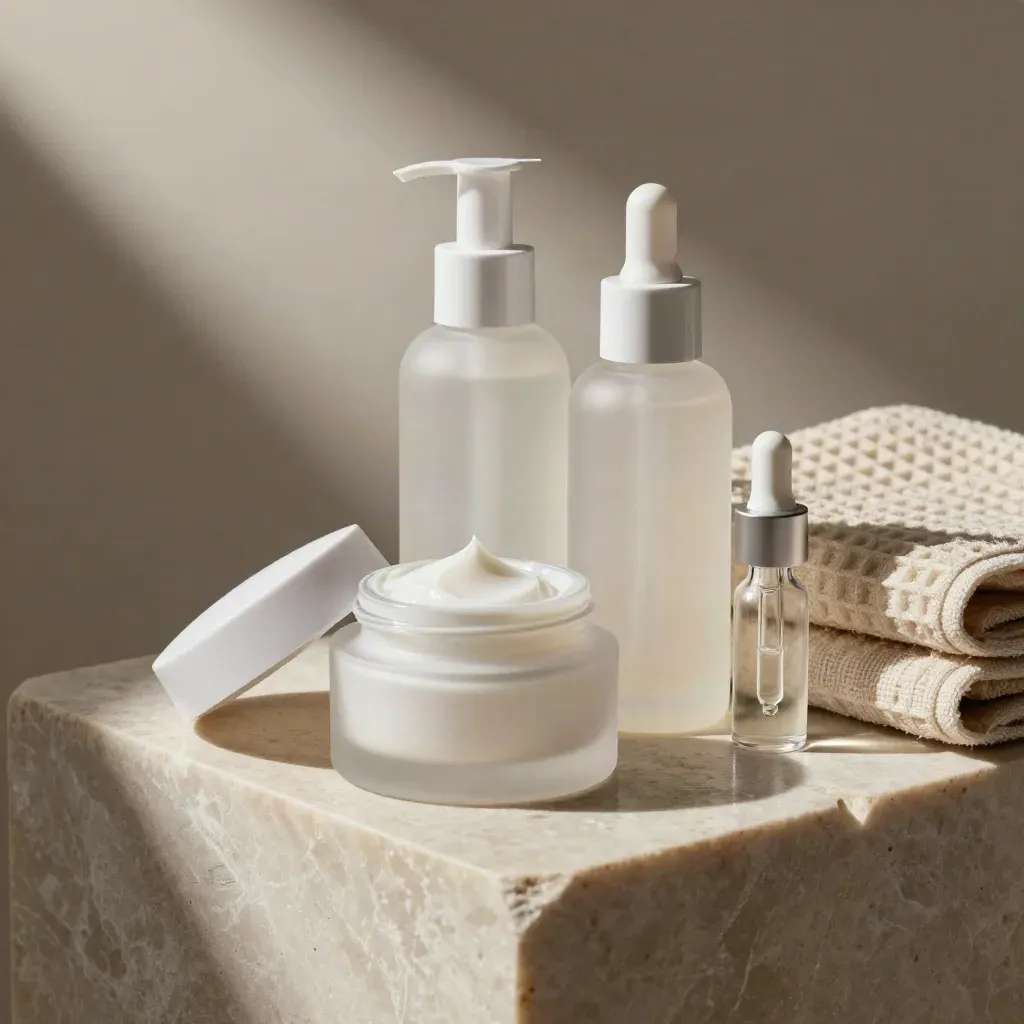 Skincare-Duo auf hellem Stein mit Creme, Pipette und gefaltetem Handtuch im sanften Licht