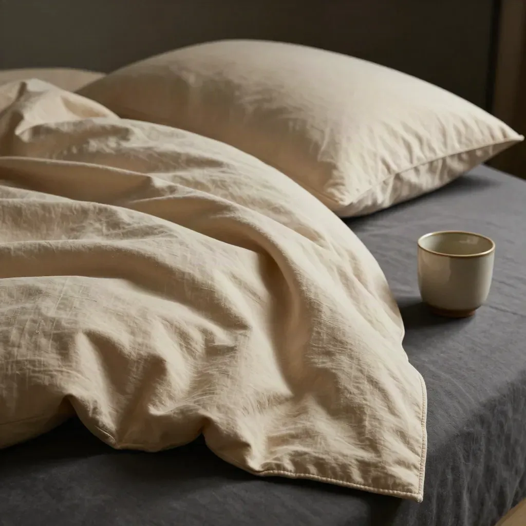 Pale sandfarbene Baumwollbettwäsche mit Kissenkanten und Keramiktasse im dramatischen Licht.