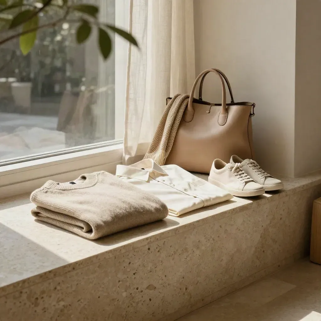 Travertin, Leinenvorhang und Mode-Accessoires im sanften Morgenlicht.