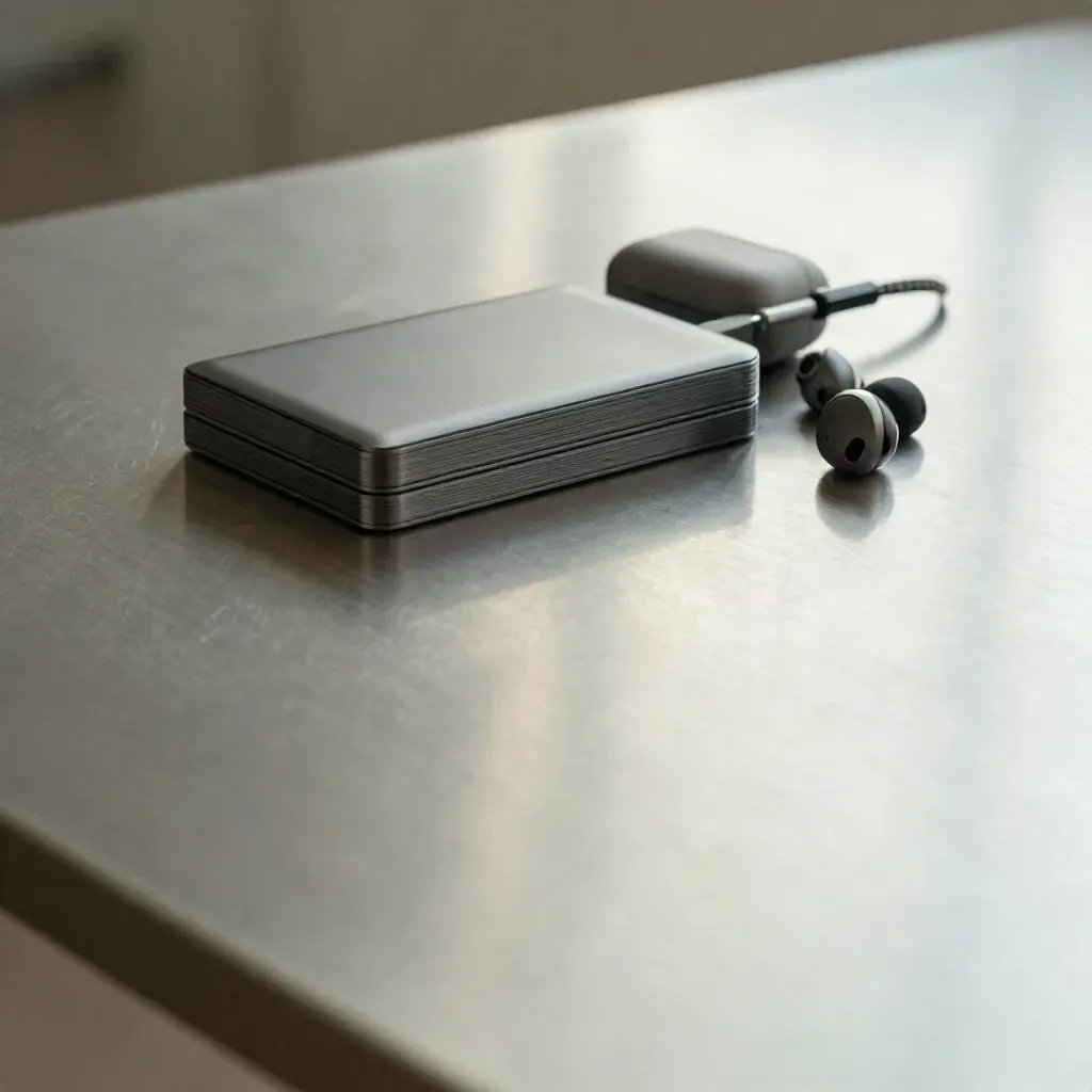 Brushed-Aluminium mit Technikobjekten und Kabelschlaufen, oben Licht, unten ruhig.