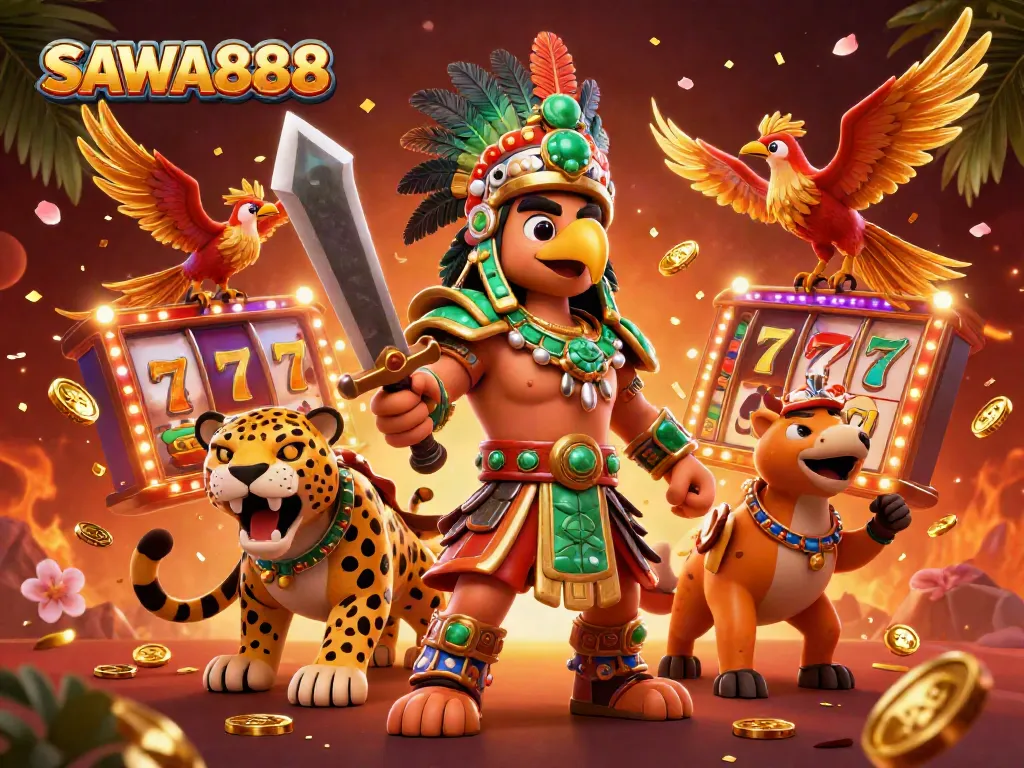 Engage in thrilling gameplay with SAWA888, featuring dynamic Aztec warriors and lively casino elements.