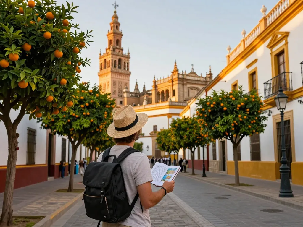 Reisetipps Sevilla: Ein Reisender genießt die lebhaften Straßen Sevillas mit ikonischen Wahrzeichen im Hintergrund