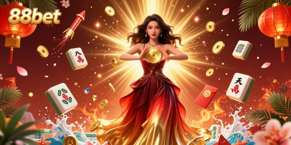 Experience the thrill of winning at 88bet with a stunning Asian woman holding a golden coin amidst a vibrant casino backdrop.