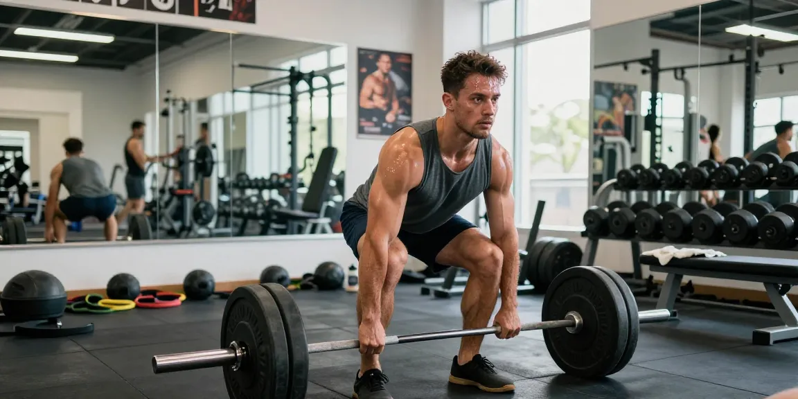 Starker Athlet hebt Gewichte in einem Fitnessstudio und präsentiert den Steroidshop für effektives Bodybuilding.