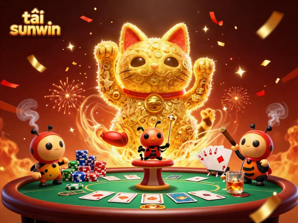 Play and win at tải sunwin with this captivating casino illustration featuring a lucky cat and vibrant poker elements.