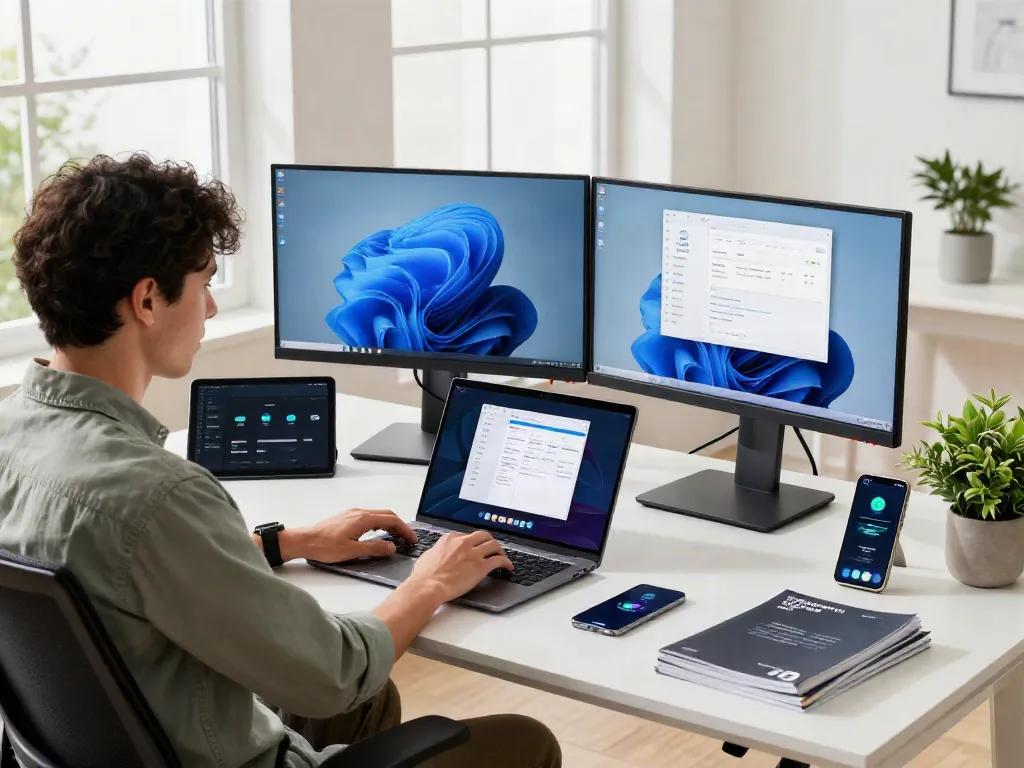 Windows 11 Pro in modern Büroumgebung mit IT-Spezialisten und dualen Monitoren