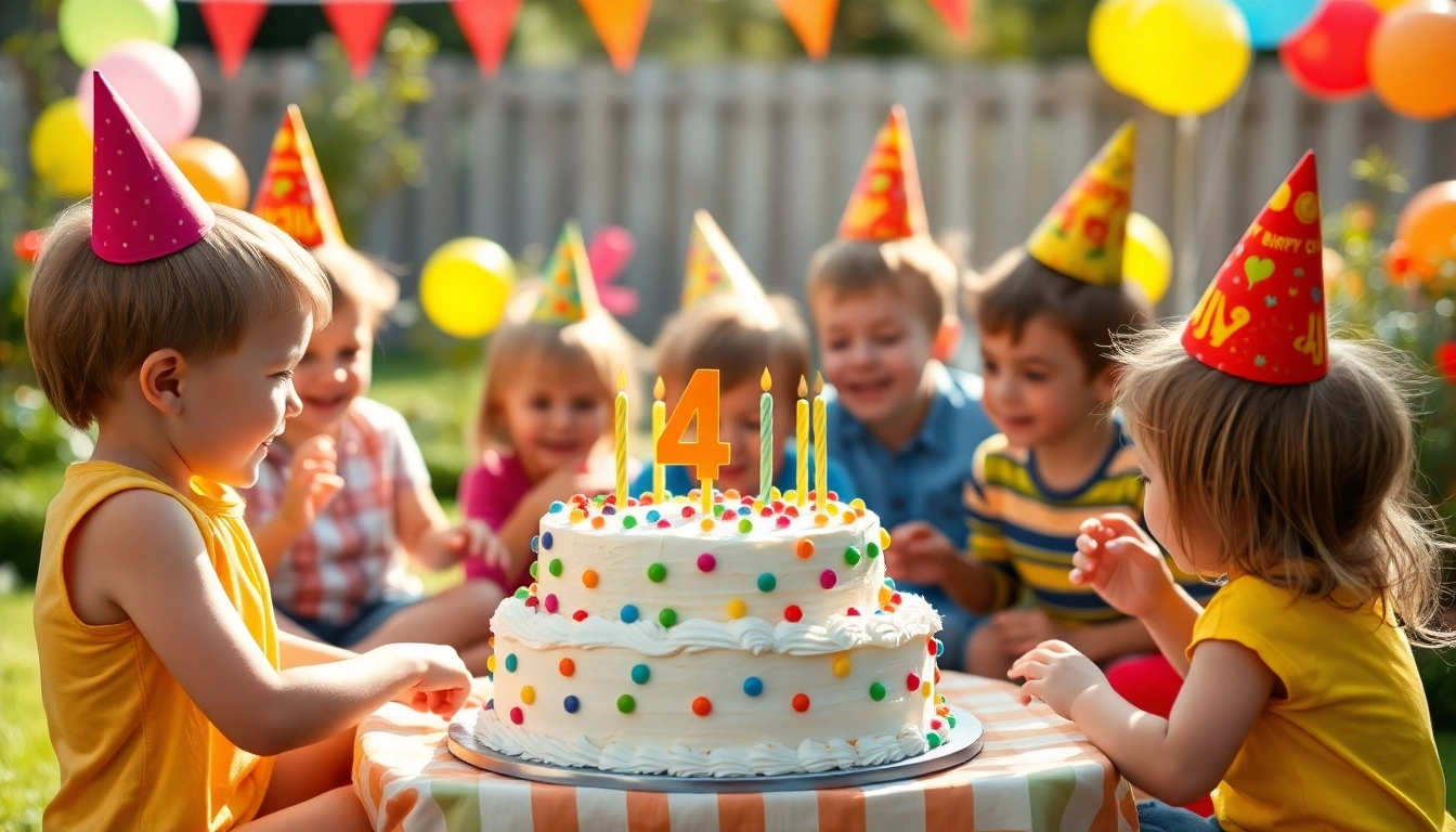 Kindergeburtstag 4 Jahre mit fröhlichen Kindern, die Spiele feiern und Spaß haben.