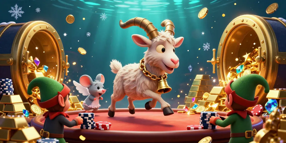 Sparkling casino scene featuring de bet characters, with a Krampus goat, angel mouse, and gremlins among gold treasures.