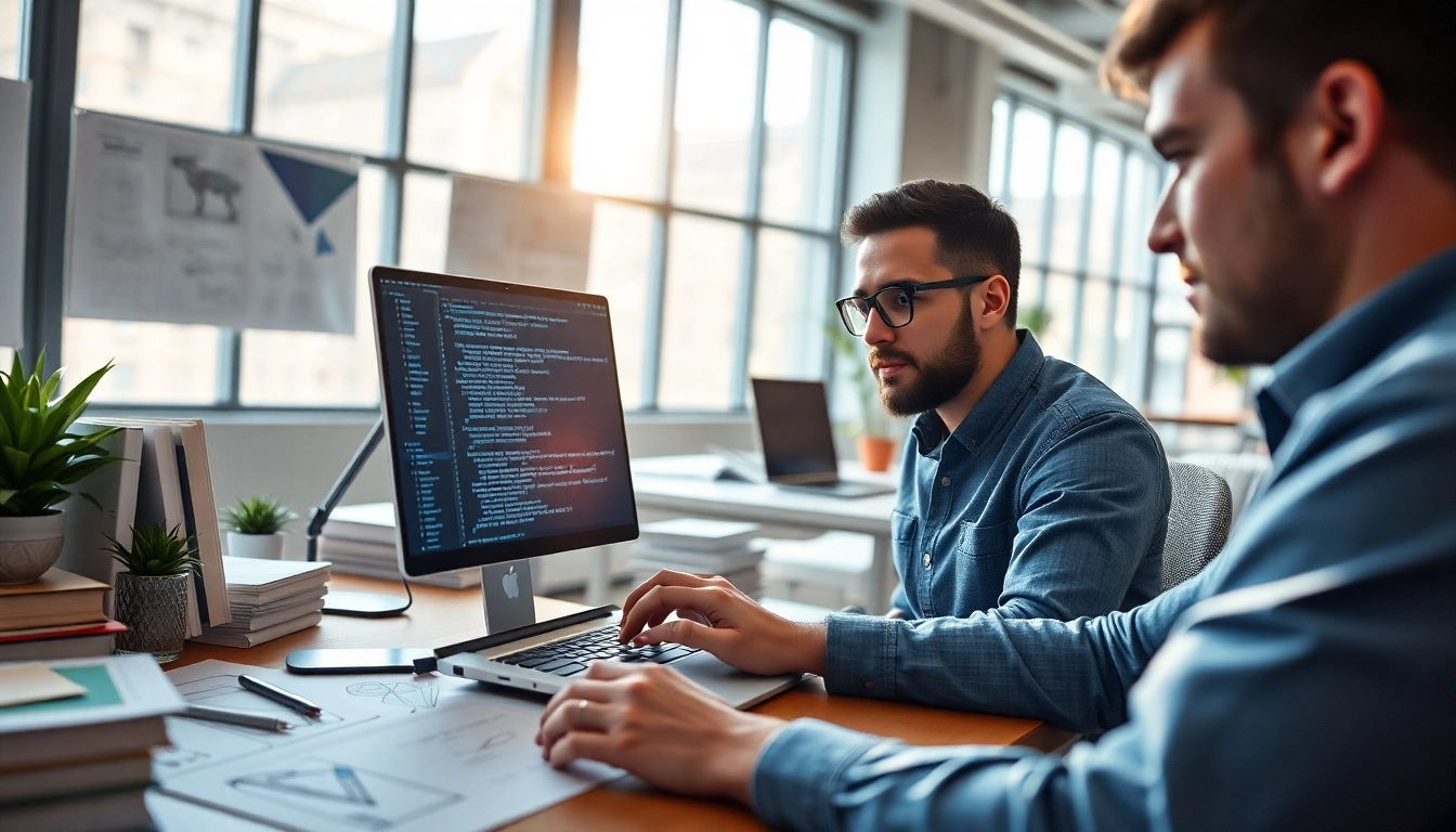 Shopware Entwickler arbeitet an einem Laptop in einem modernen Büro mit Code auf dem Bildschirm.