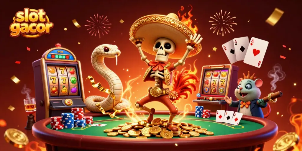 Experience slot gacor in an energetic victory dance with vibrant casino elements.