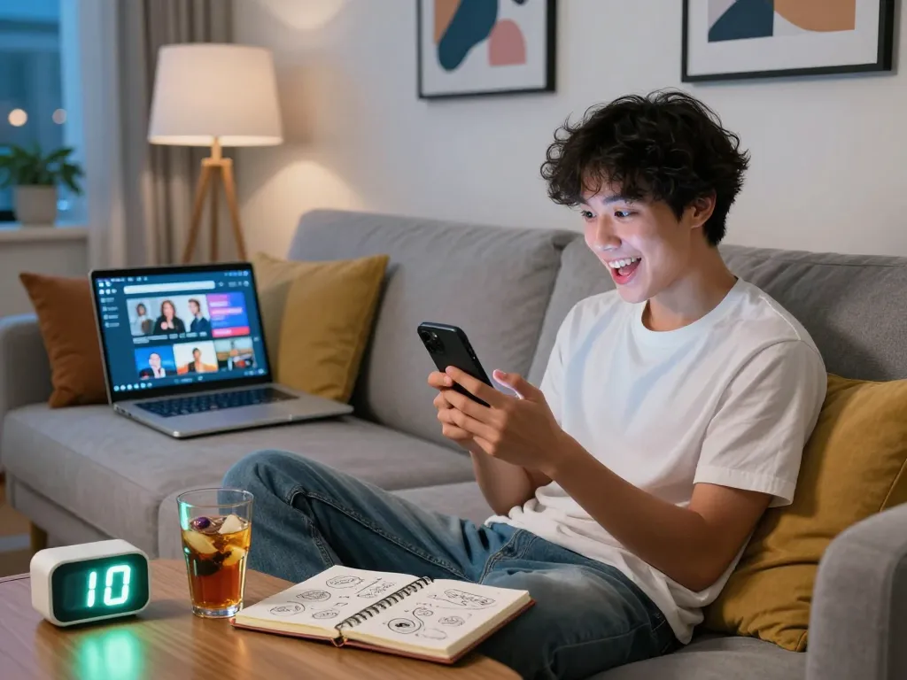 Playful evening scene of a person sexting AI chatbot in modern apartment with stylish decor.
