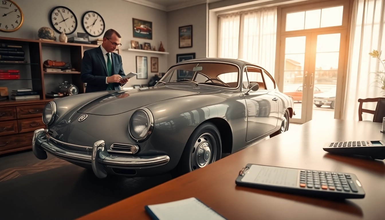 Oldtimer Wertgutachten durchführen, Fahrzeugbewertung im eleganten Büroumfeld mit vintage Atmosphäre.