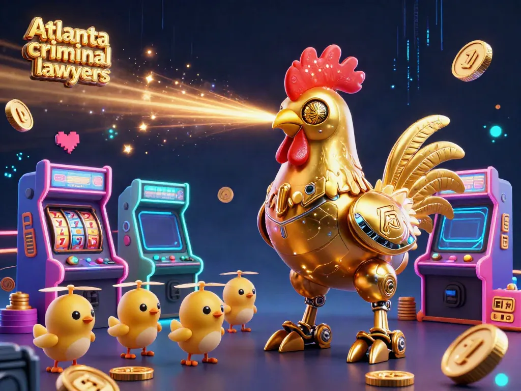 Engaging scene of Atlanta criminal defense lawyers with golden rooster robot and interactive casino elements.