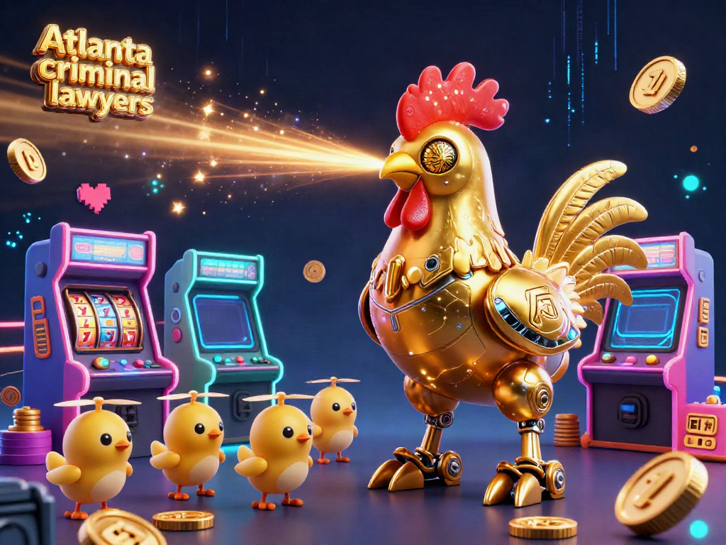 Engaging scene of Atlanta criminal defense lawyers with golden rooster robot and interactive casino elements.