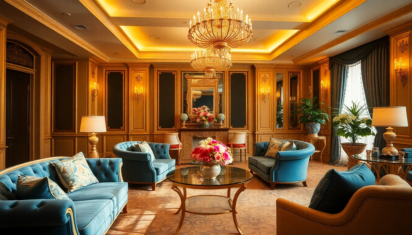 Luxury living space showcasing elegant furniture and lavish decor enhanced by soft golden lighting.