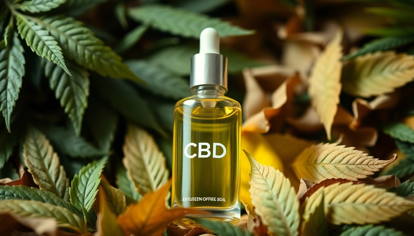 Erleben Sie hochwertiges cbd öl in wunderschöner Präsentation mit frischen Hanfblättern im Hintergrund.