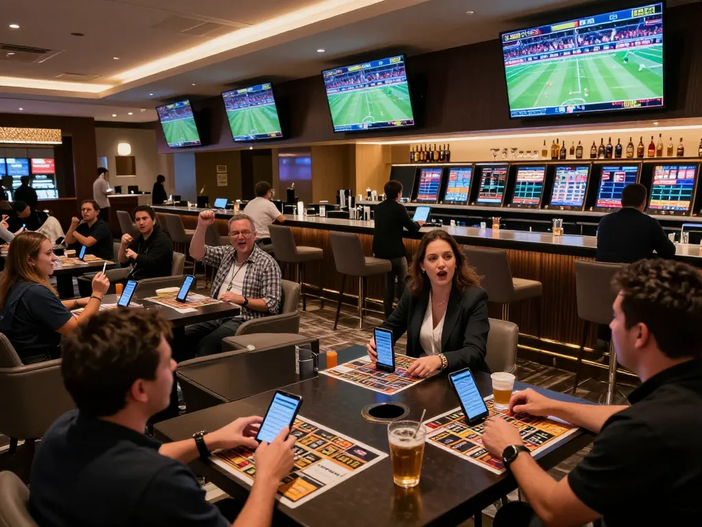 Patrons placing strategic bets at MK8's sophisticated sports betting lounge during live events