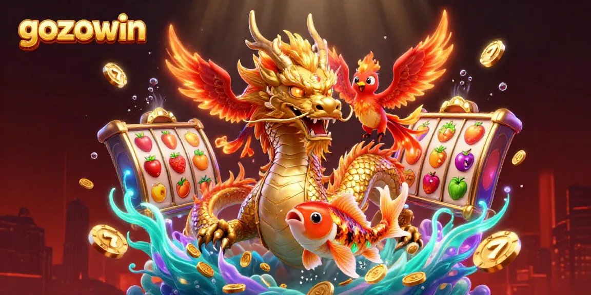 Experience the thrill of gozowin with a vibrant casino scene featuring a golden dragon and phoenix.