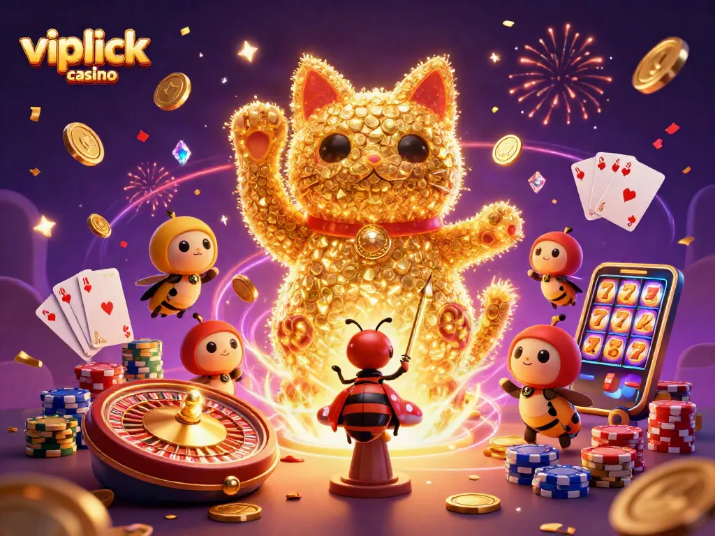 Experience excitement at vipluck casino with a vibrant illustration of a lucky cat and dynamic gambling elements.