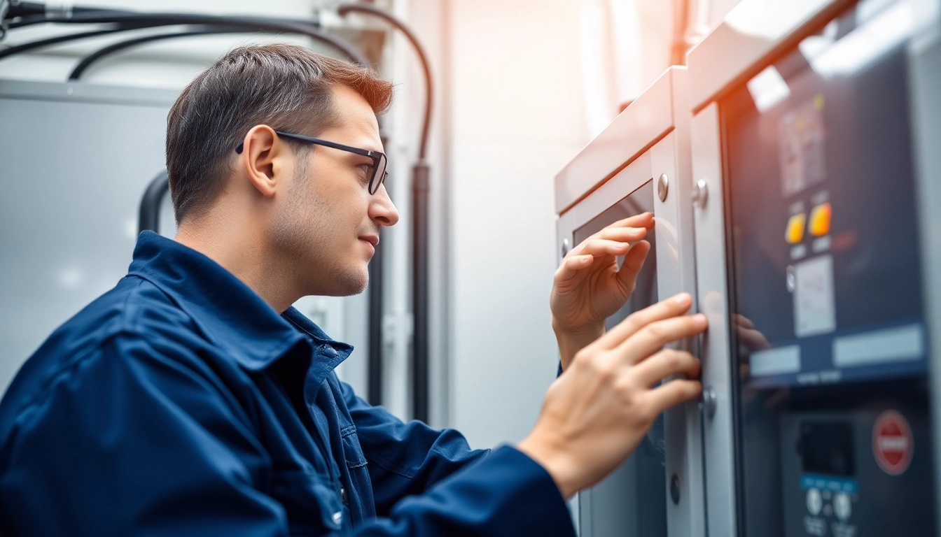 Technician performing a DGUV V3 Prüfung on electrical equipment to ensure workplace safety.