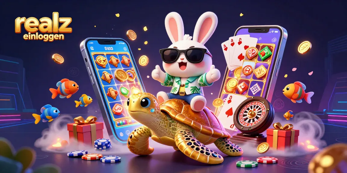 Loggen Sie sich im realz Casino ein und erleben Sie die faszinierende Spielwelt mit einem glücklichen Hasen und einer goldenen Schildkröte.