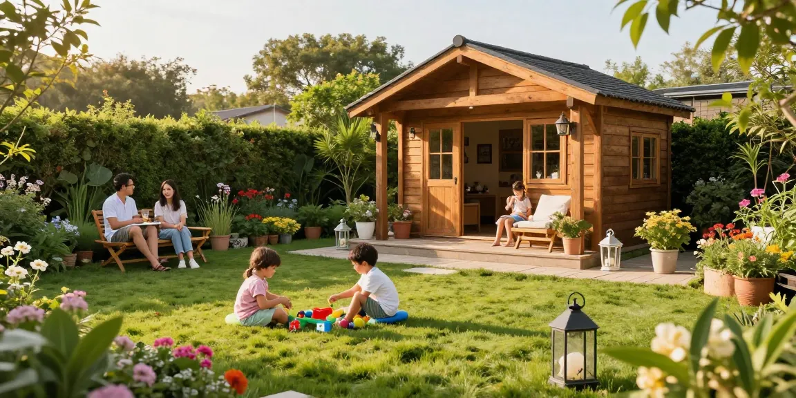Gartenhaus kaufen: Gemütliches Holz-Gartenhaus umgeben von blühendem Garten und spielenden Kindern.