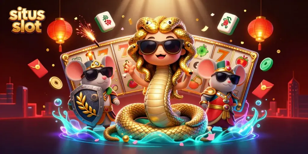 Experience thrilling wins at situs slot with a colorful scene featuring Medusa and a warrior mouse amid jackpot symbols.