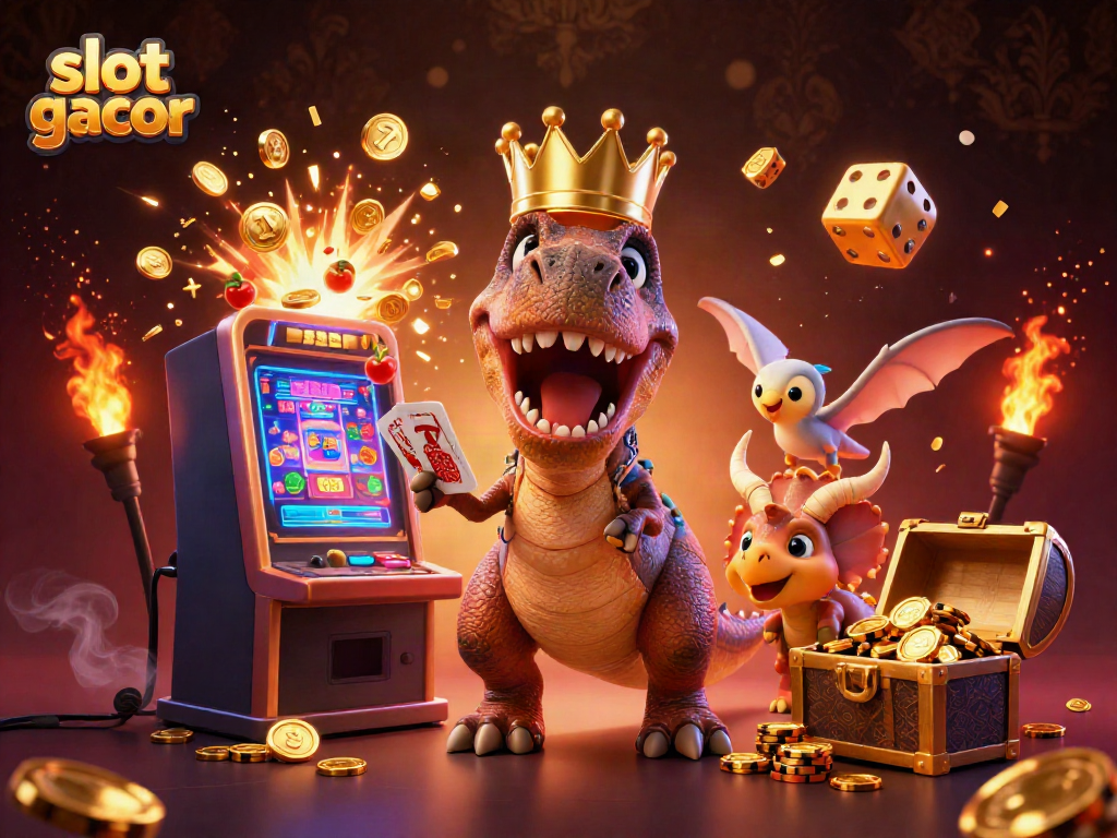 Engaging and playful illustration of a T-Rex playing cards with friends, symbolizing excitement in slot gacor gaming.
