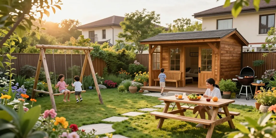 Gemütliches Gartenhaus Holz umgeben von bunten Blumen, Familie genießt sonnigen Tag im Garten.