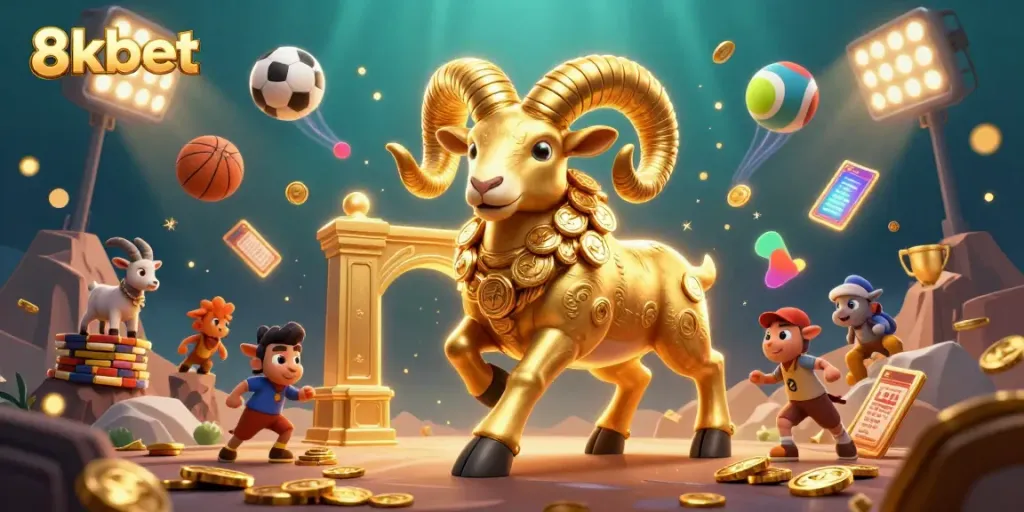 Engage with 8xbet's vibrant betting scene featuring a golden ram, sports elements, and dynamic visuals.