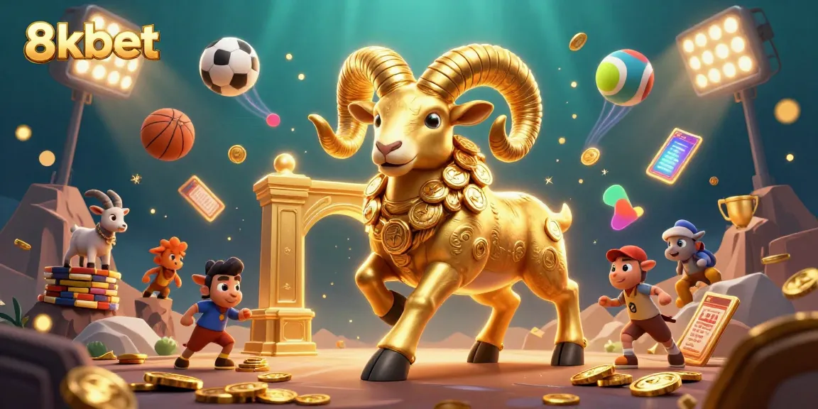 Engage with 8xbet's vibrant betting scene featuring a golden ram, sports elements, and dynamic visuals.